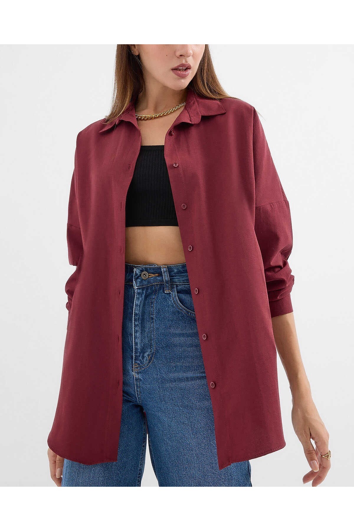 3900 Oversize Uzun Basic Gömlek - Mürdüm