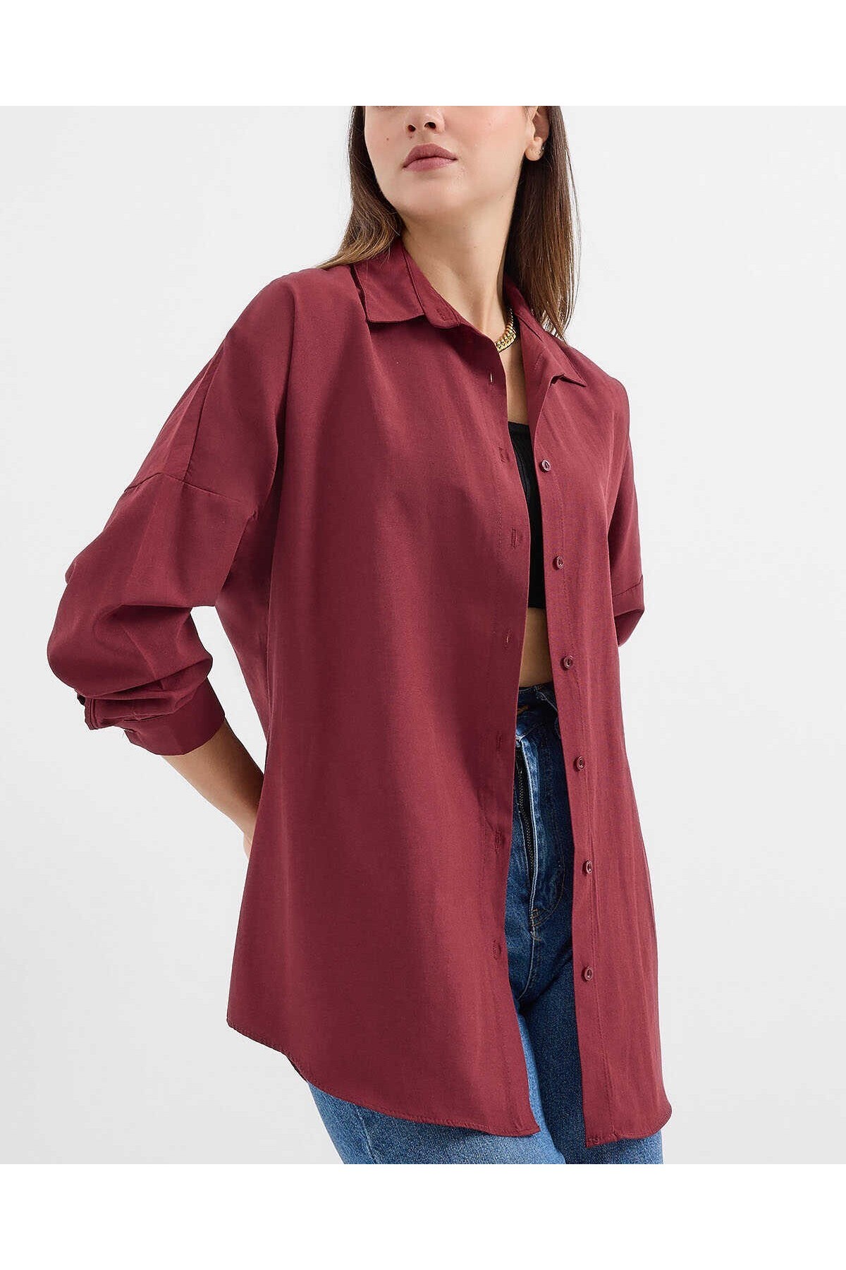 3900 Oversize Uzun Basic Gömlek - Mürdüm