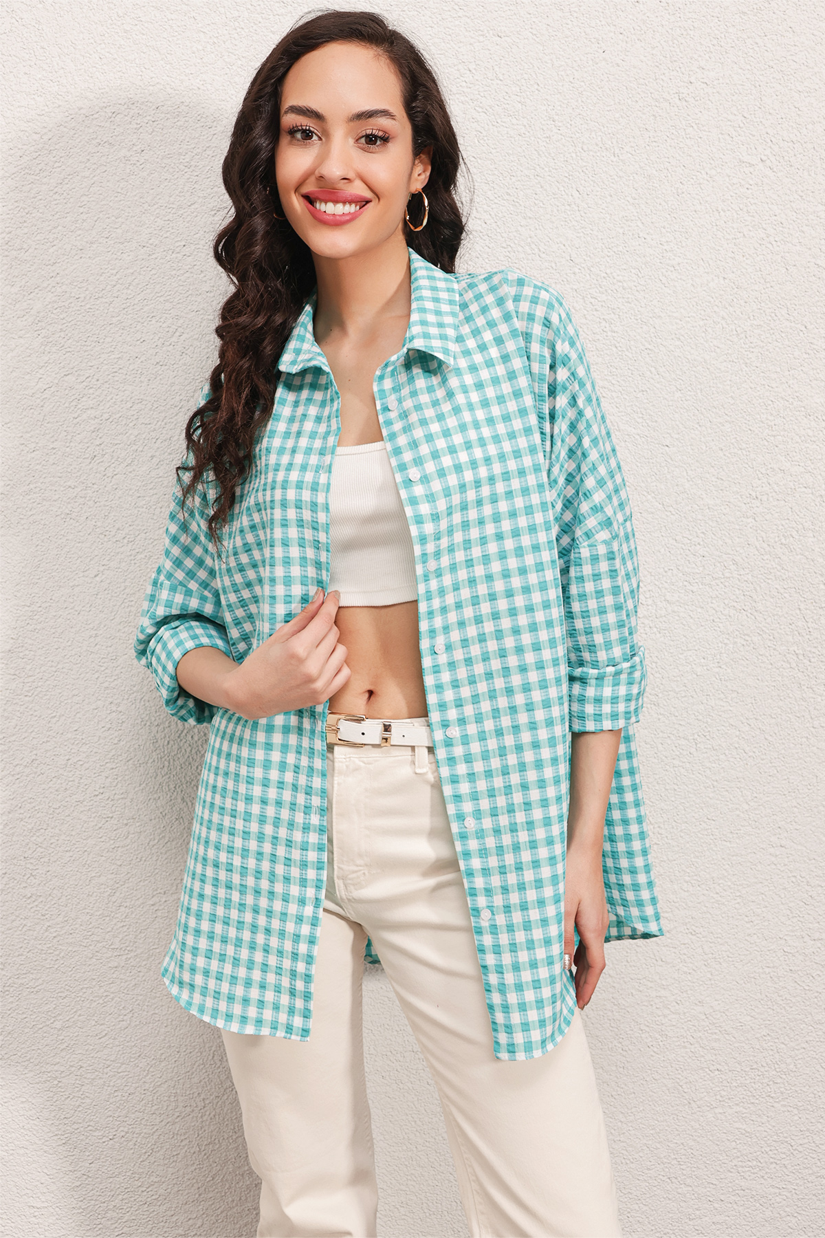 3900 Oversize Kareli Gömlek - Y.Mint