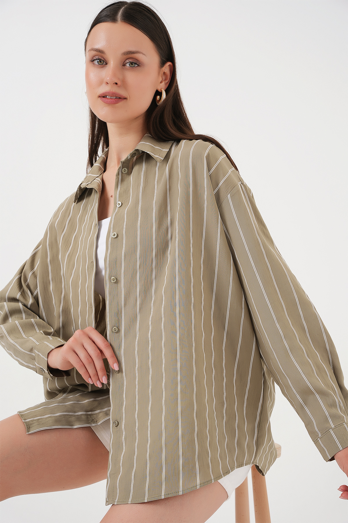 3900 Oversize Kareli Gömlek - Y.Yeşil