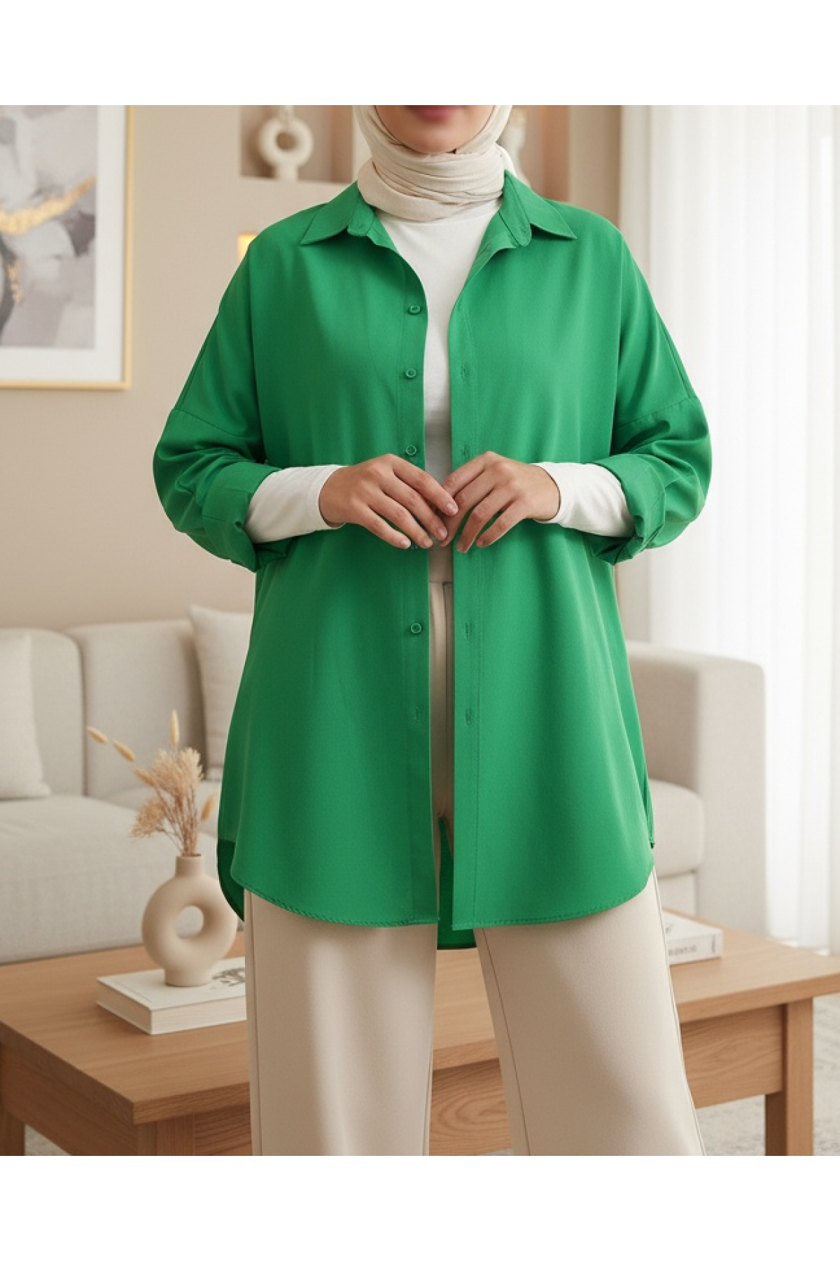 3900 Oversize Uzun Basic Gömlek - Yeşil