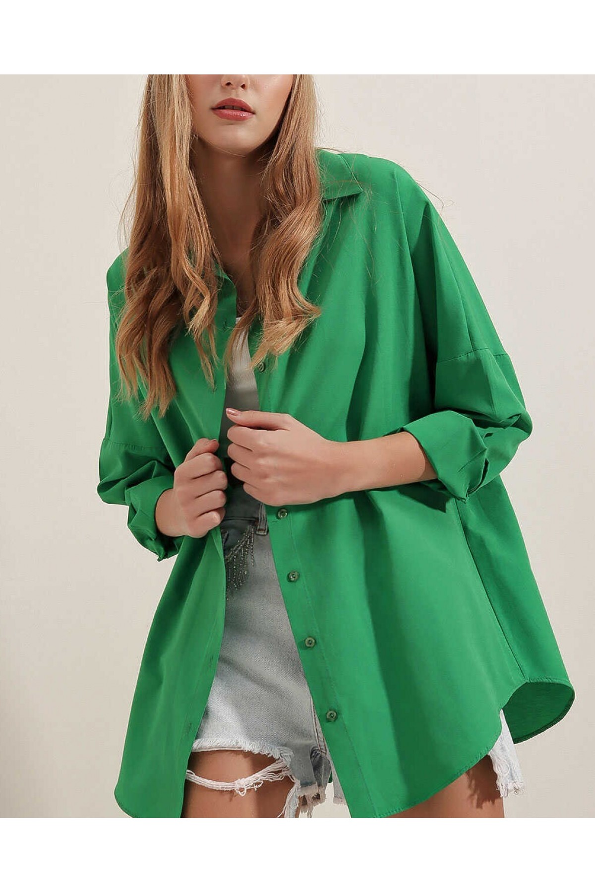 3900 Oversize Uzun Basic Gömlek - Yeşil