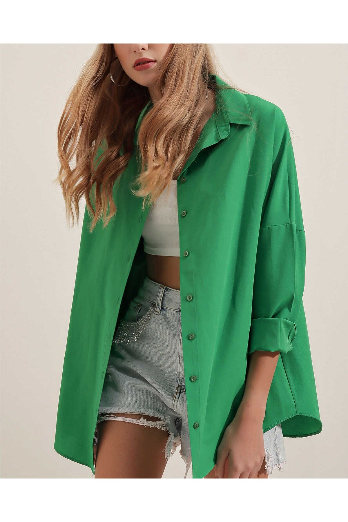 3900 Oversize Uzun Basic Gömlek - Yeşil