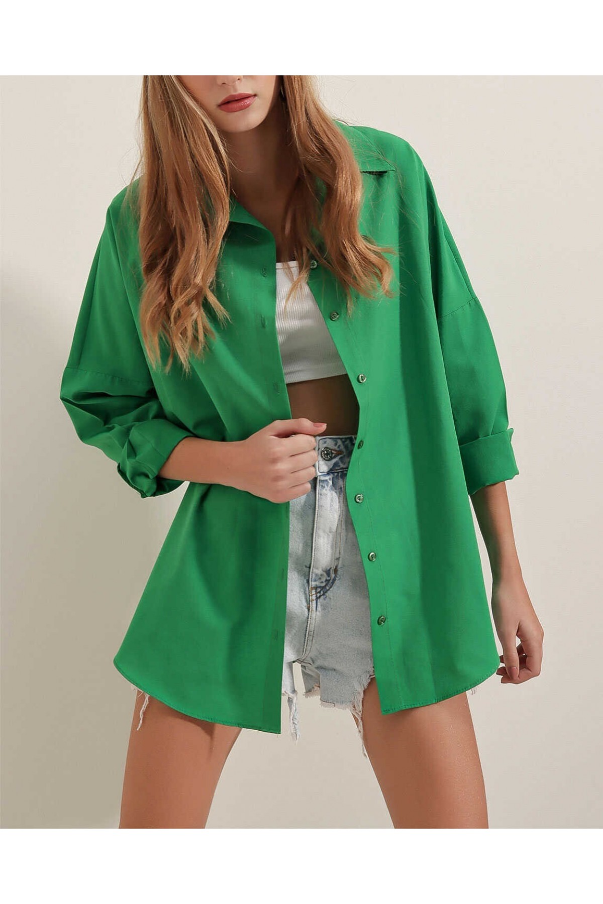 3900 Oversize Uzun Basic Gömlek - Yeşil