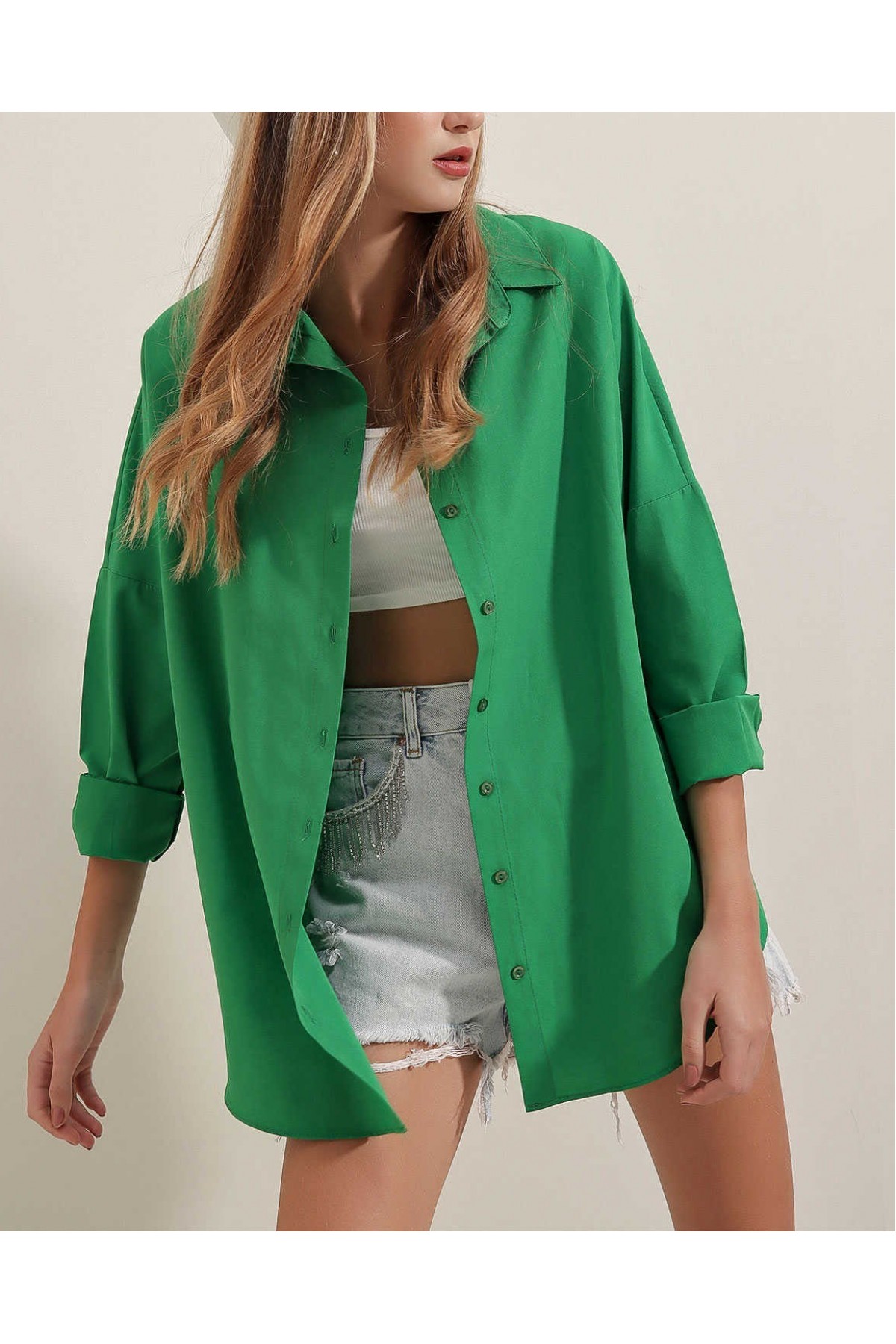 3900 Oversize Uzun Basic Gömlek - Yeşil