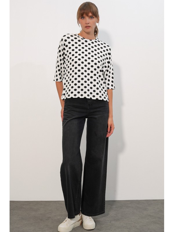 Kadın Puantiyeli Oversize Bluz 40010 - Beyaz