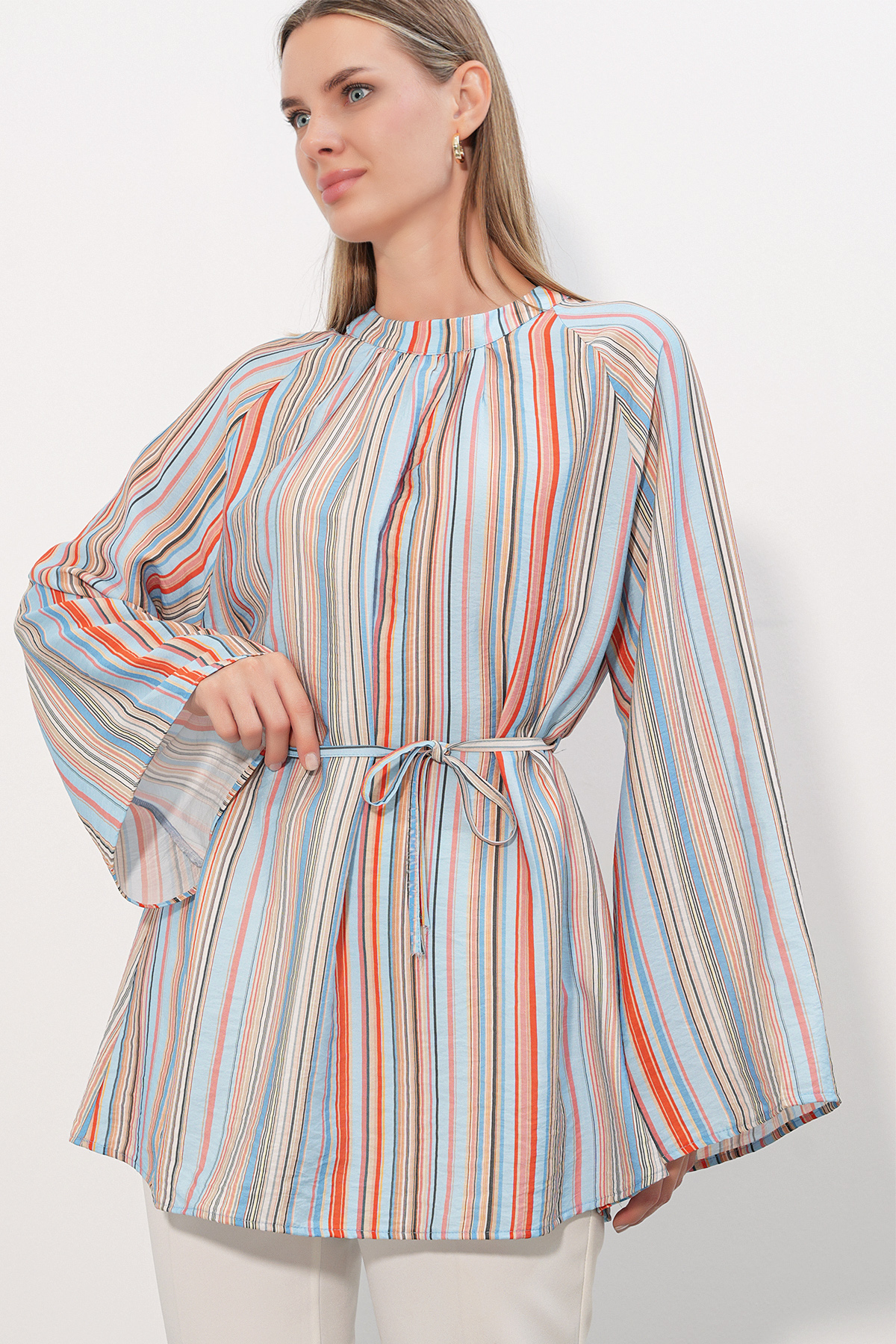 Kadın Çizgili Bağcıklı Oversize Tunik 50009 - Mavi