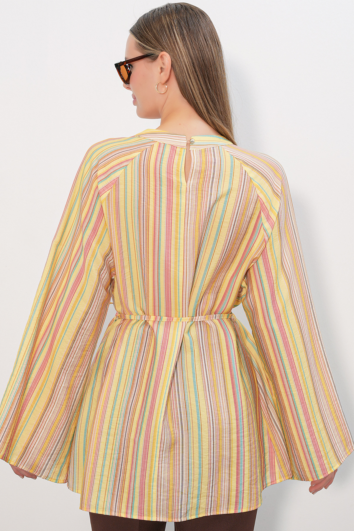 Kadın Çizgili Bağcıklı Oversize Tunik 50009 - Sarı