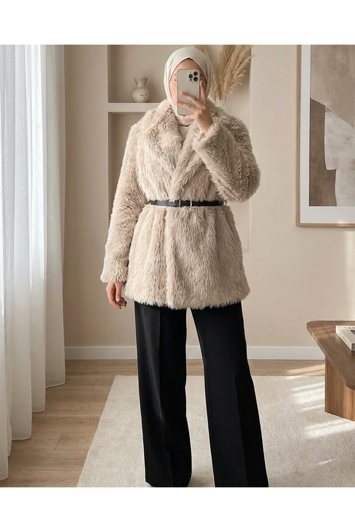 5186 Kruvaze Peluş Kürk Kaban - Krem