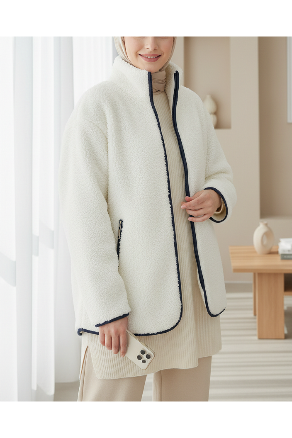 5211 Fermuarlı Peluş Mont - Lacivert