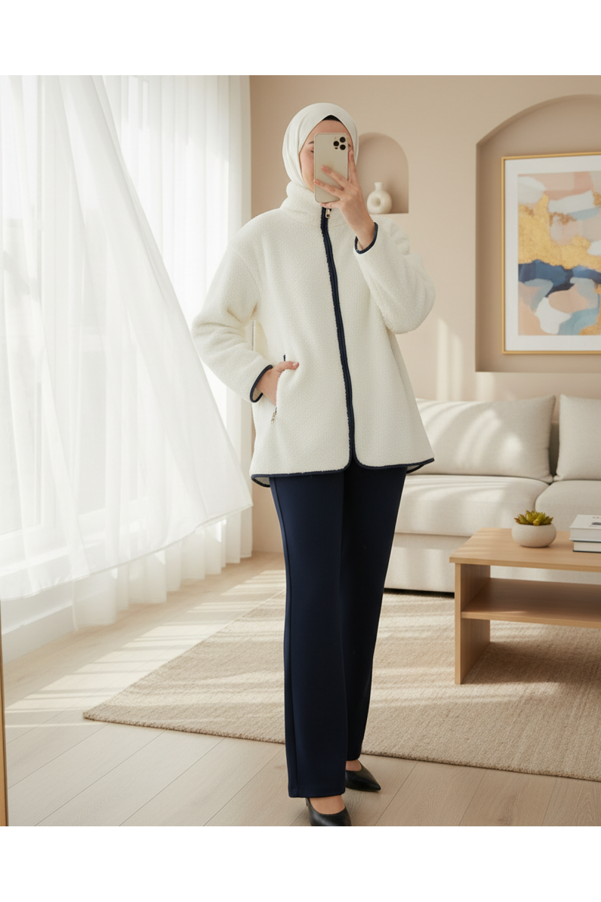 5211 Fermuarlı Peluş Mont - Lacivert