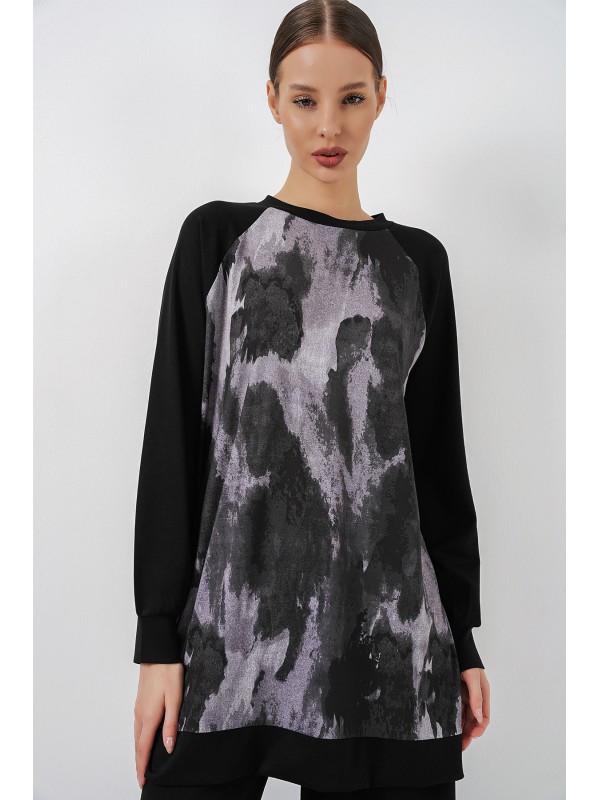 Kadın Desenli Oversize Tunik Pantolon İkili Takım 55462 - Siyah