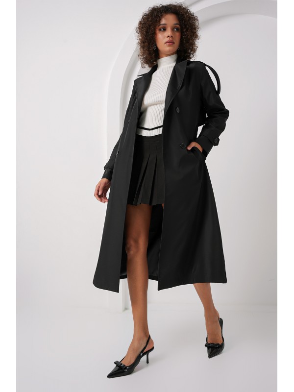 5941 Kruvaze Yaka Uzun Trençkot - Siyah