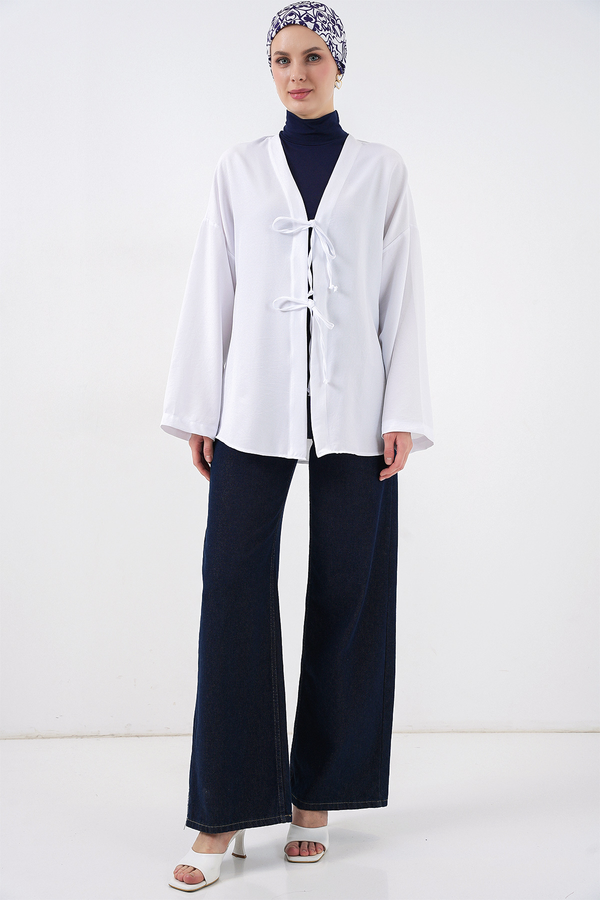 Keten Tesettür Kimono 5968 - Beyaz