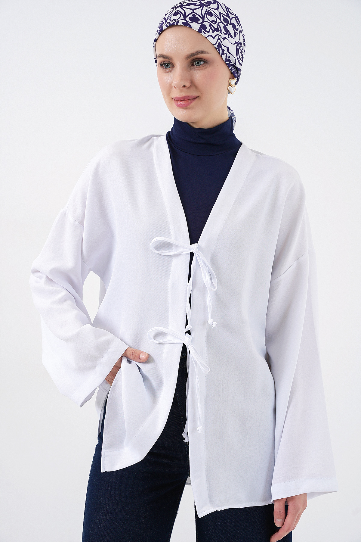 Keten Tesettür Kimono 5968 - Beyaz