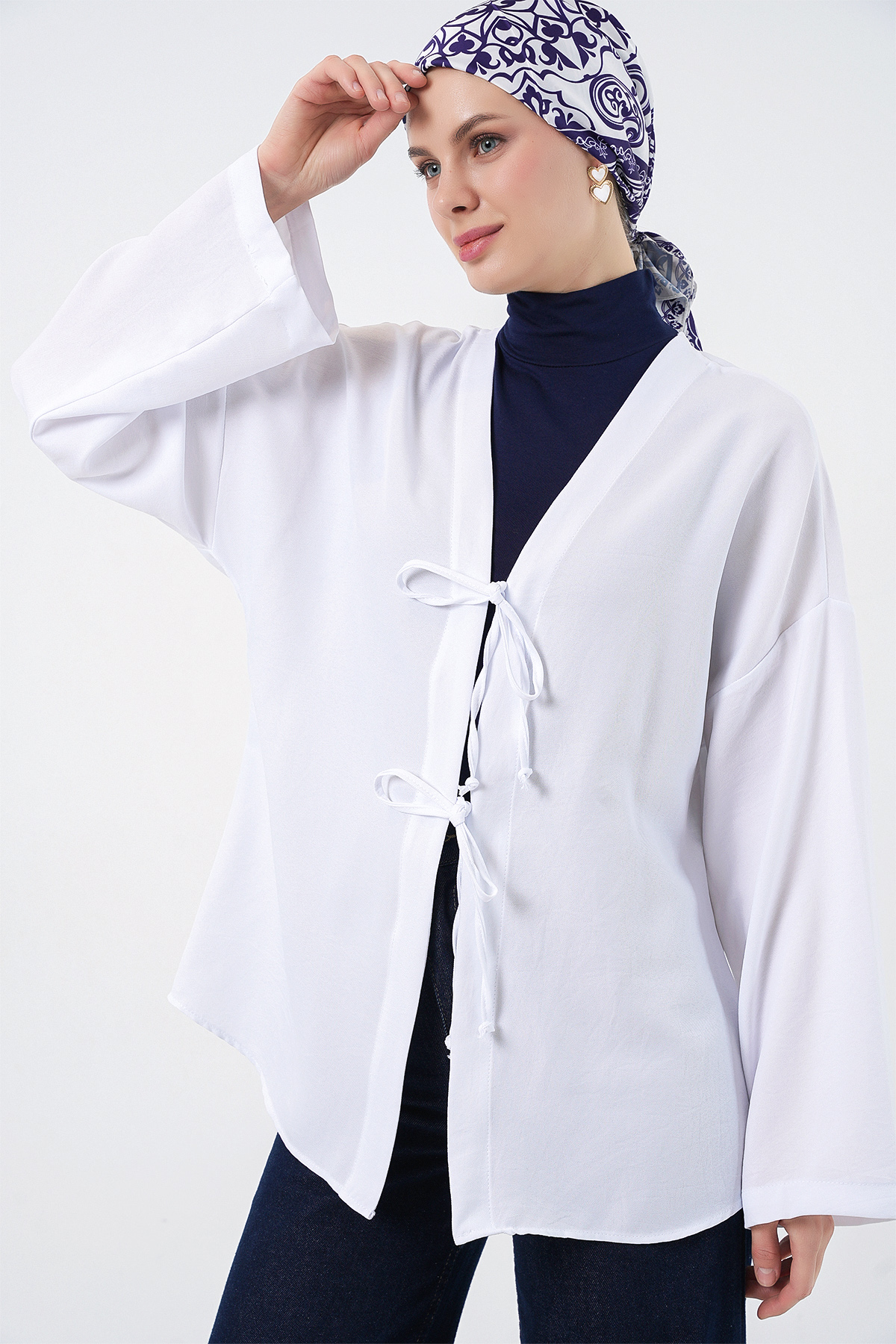 Keten Tesettür Kimono 5968 - Beyaz
