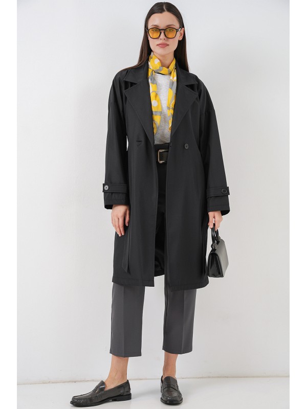 Kadın Kruvaze Yaka Trençkot 5987 - Siyah