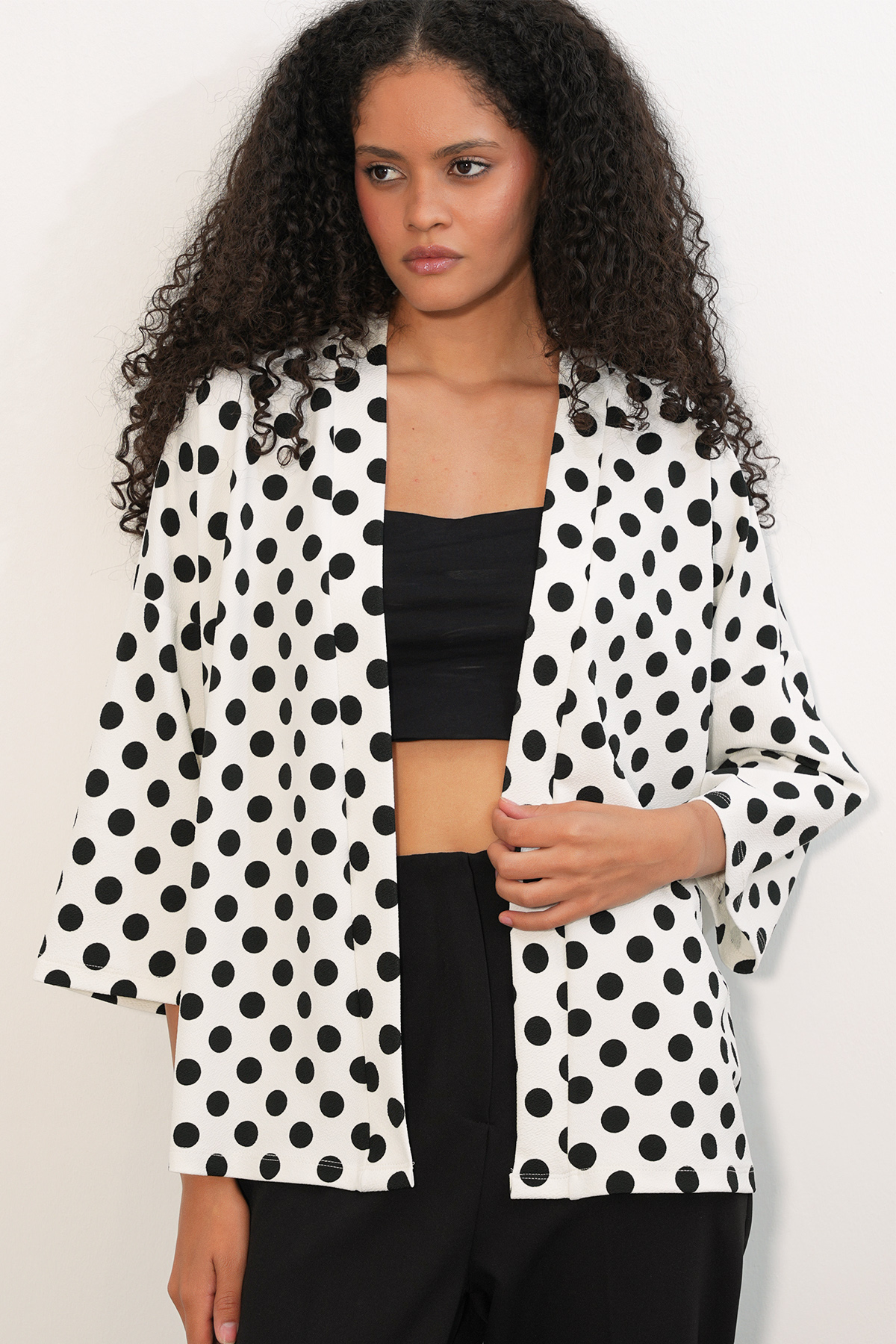 Kadın Örme Puantiyeli Kimono 5996 - Beyaz