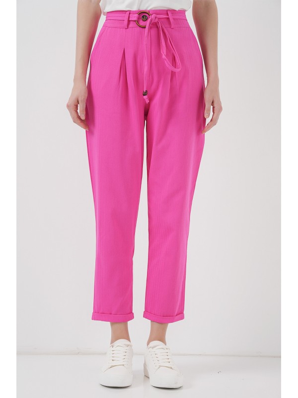 6660 Kemerli Keten Pantolon - Fuşya