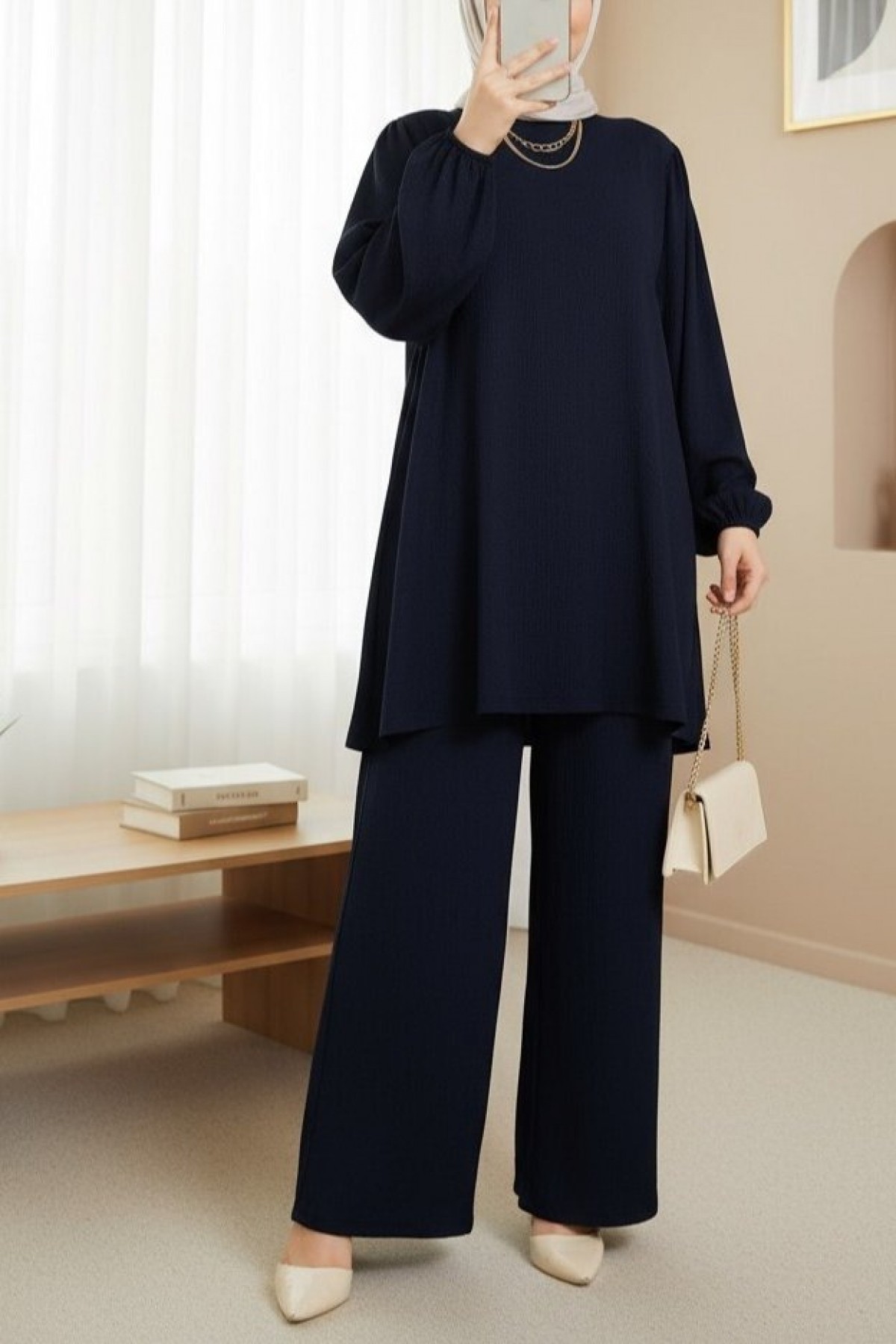 Women's Navy Blue Tunic Trousers Bottom Top Set 6663