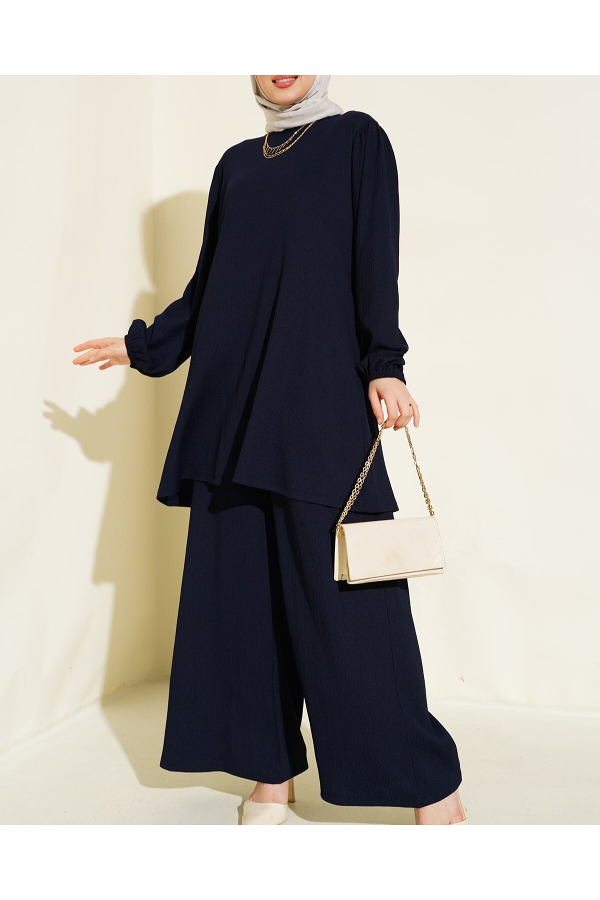 Women's Navy Blue Tunic Trousers Bottom Top Set 6663