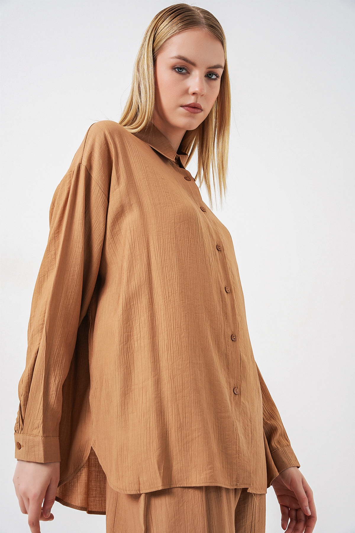Kadın Dokulu Gömlek Pantolon İkili Takım 6710 - Camel
