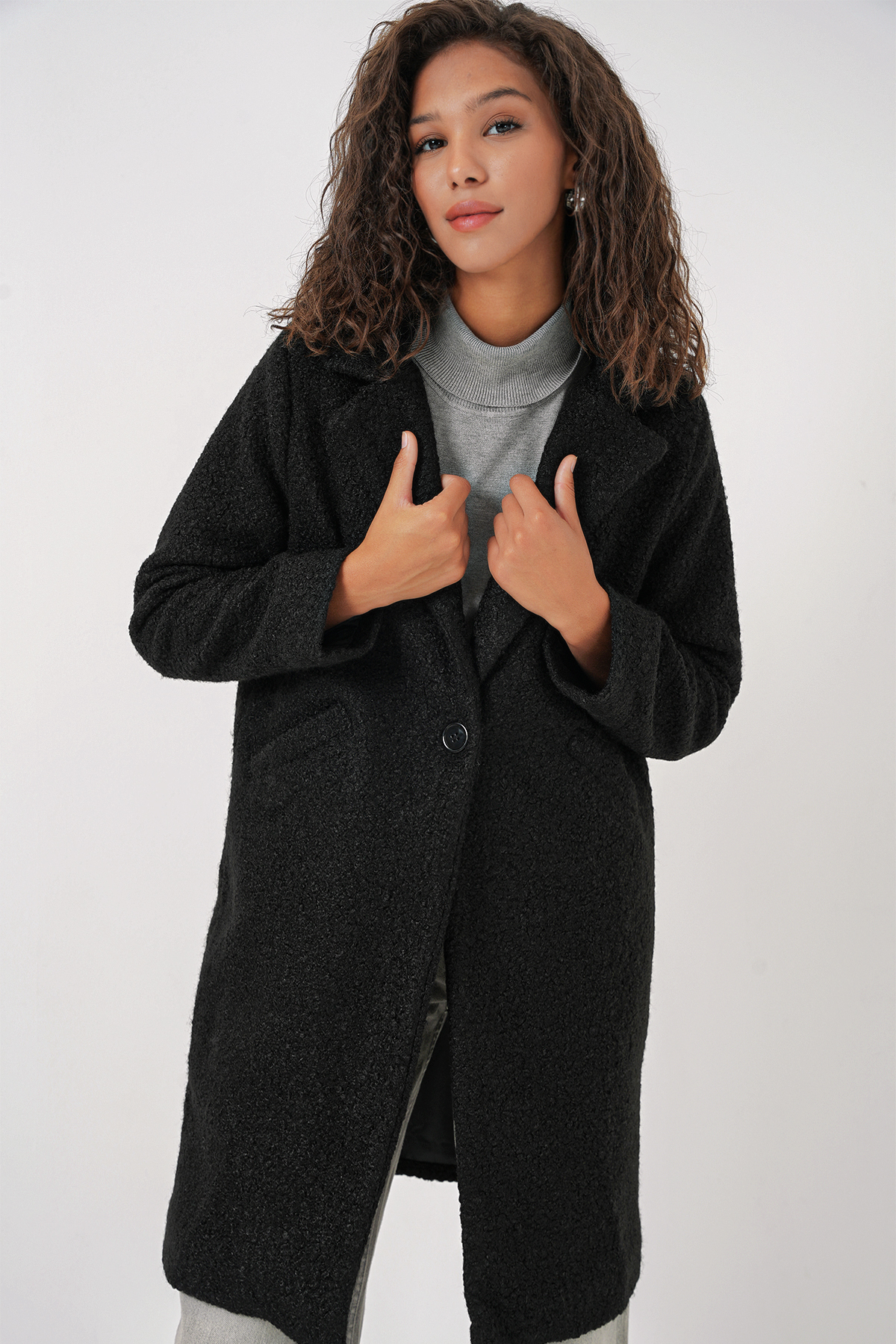 9082 Oversize Kaşe Kaban - Siyah