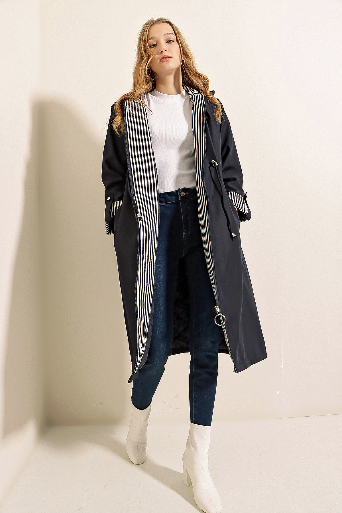 9091 Waist Drawstring Hooded Trench Coat 