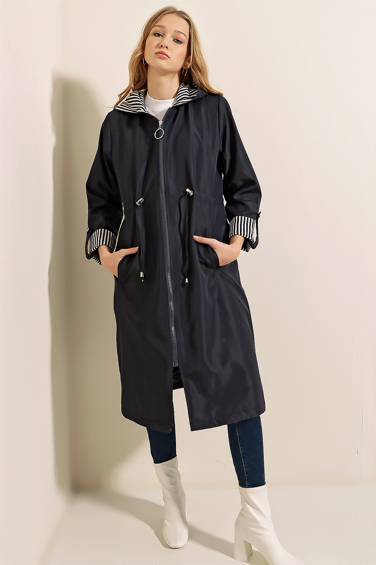 9091 Waist Drawstring Hooded Trench Coat 
