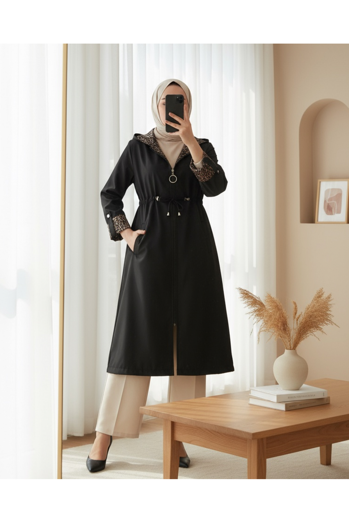 9091 Waist Drawstring Hooded Trench Coat 