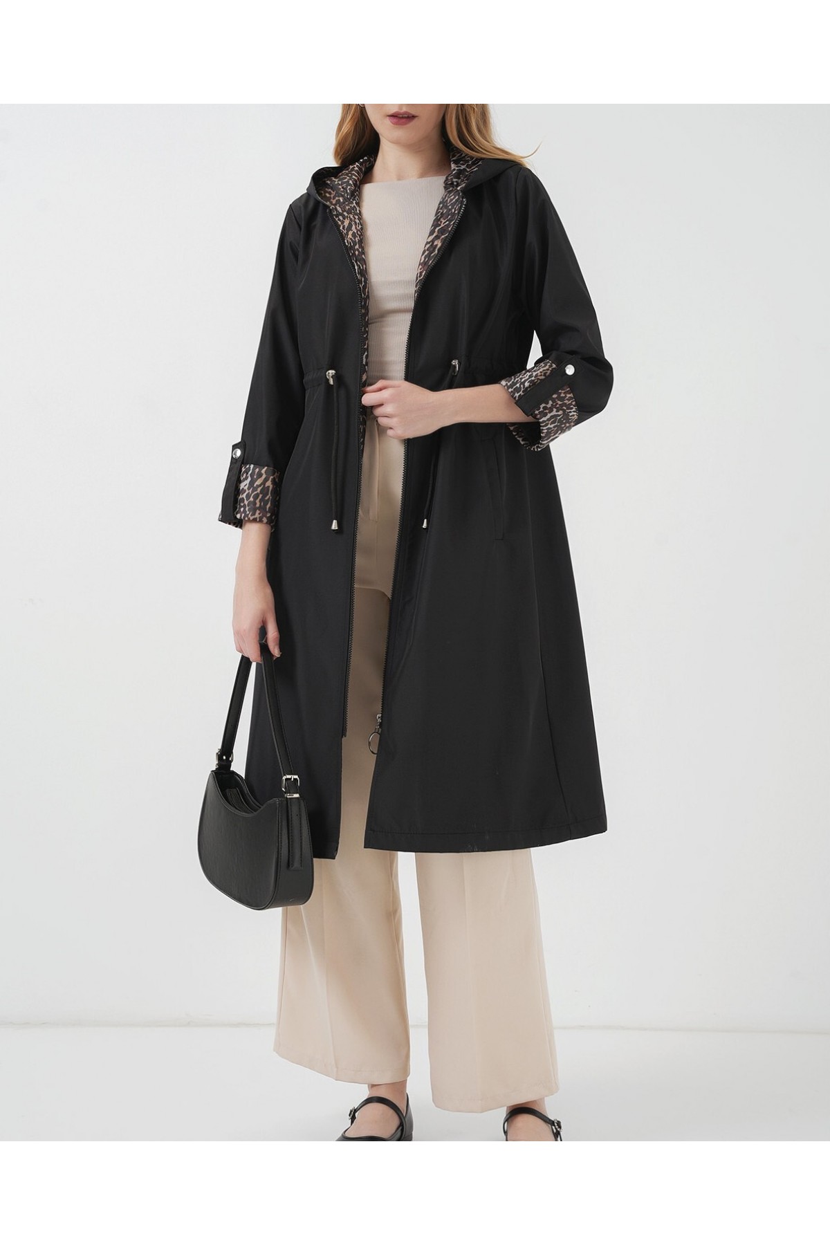 9091 Waist Drawstring Hooded Trench Coat 
