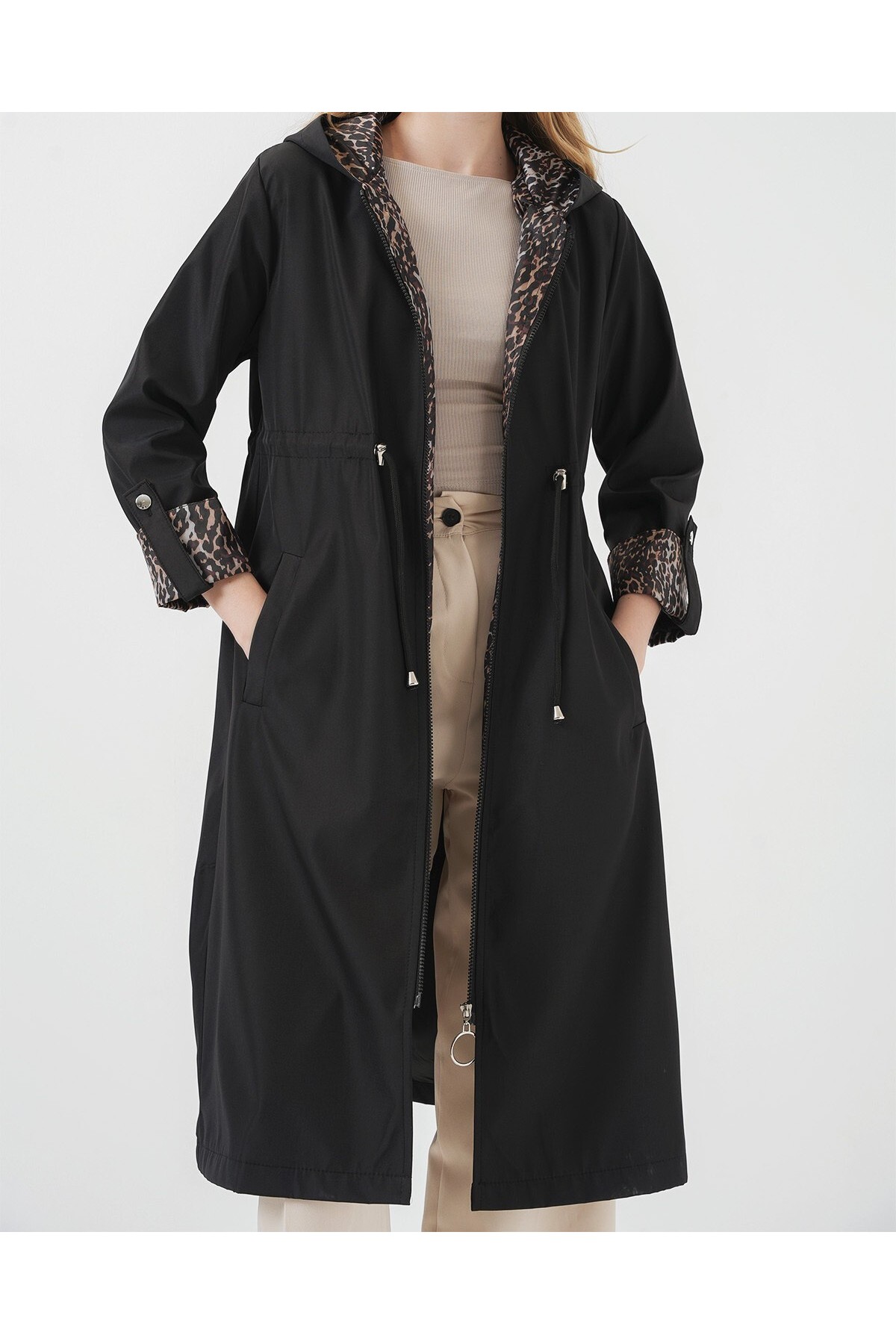 9091 Waist Drawstring Hooded Trench Coat 