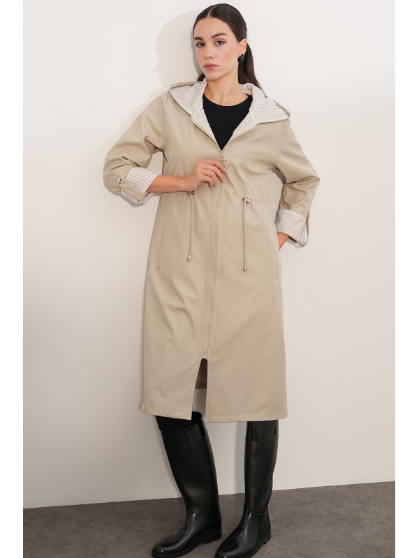 9091 Drawstring Waist Hooded Trench Coat 