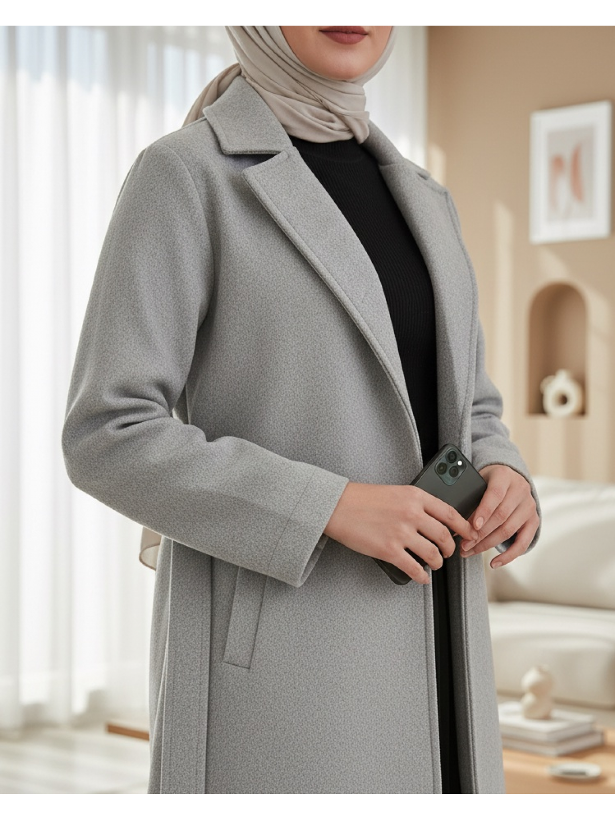 9118 Kruvaze Yaka Kaşe Kaban - A.Gri