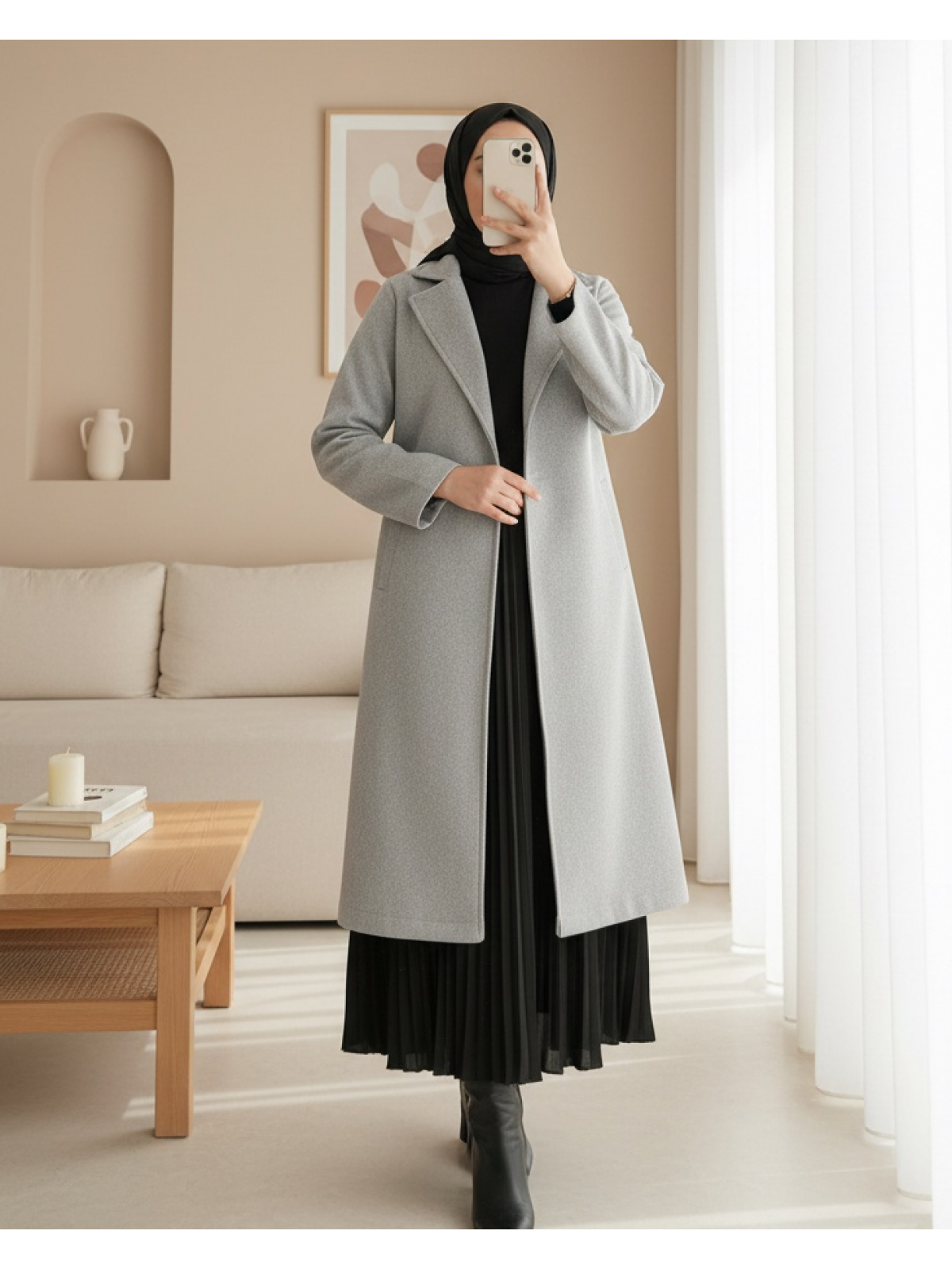 9118 Kruvaze Yaka Kaşe Kaban - A.Gri