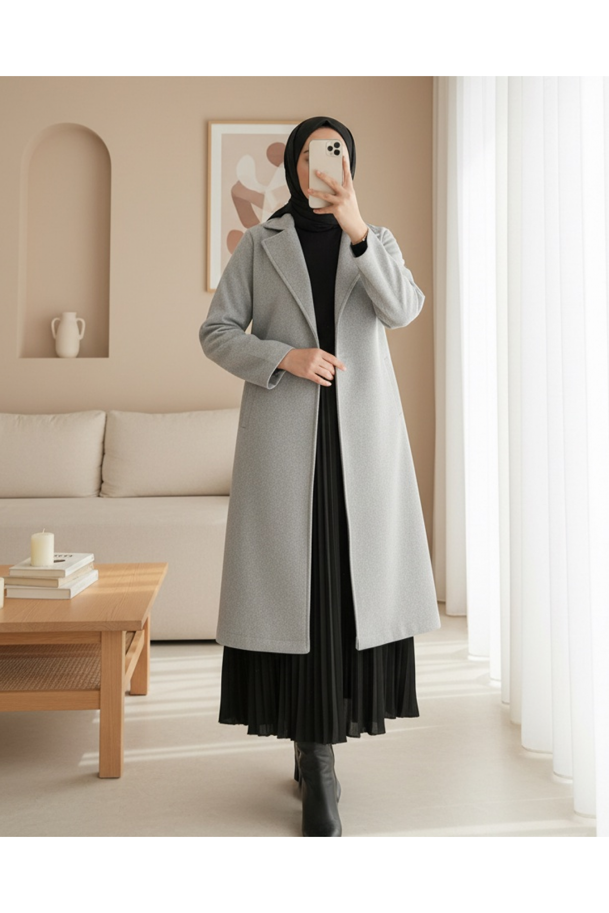 9118 Kruvaze Yaka Kaşe Kaban - A.Gri