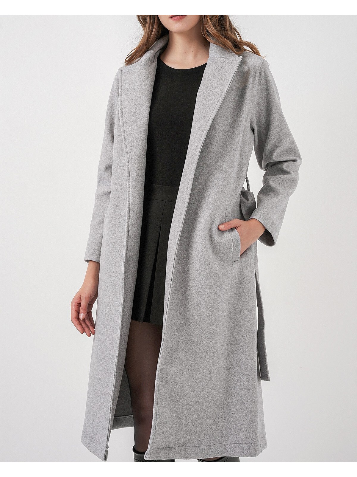 9118 Kruvaze Yaka Kaşe Kaban - A.Gri