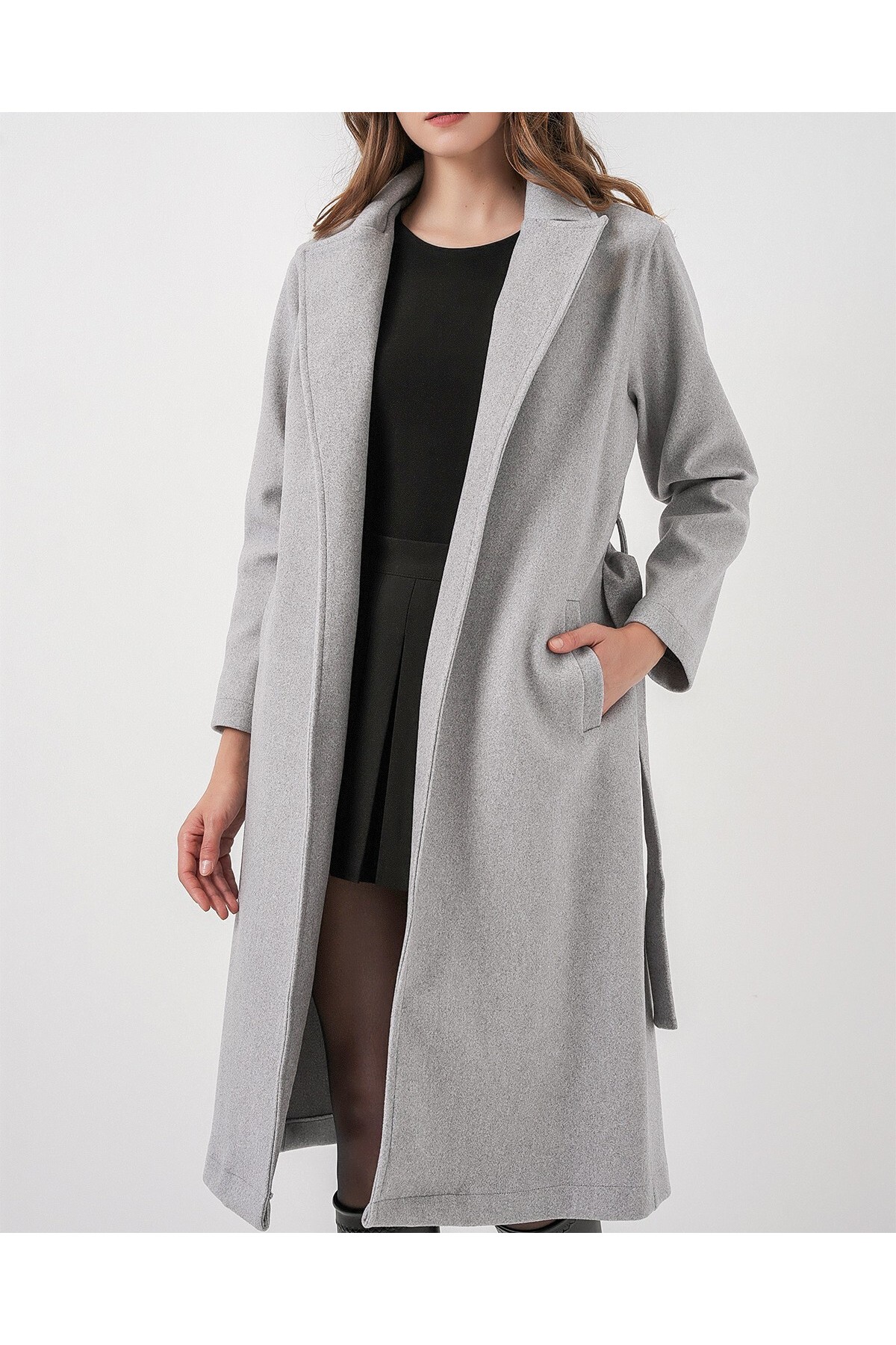 9118 Kruvaze Yaka Kaşe Kaban - A.Gri