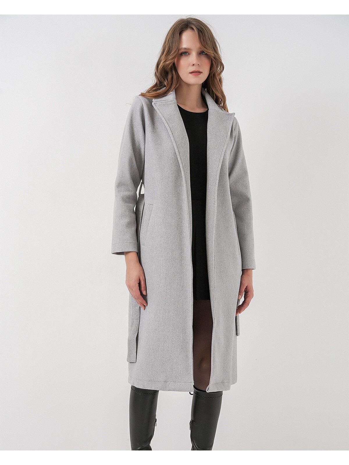 9118 Kruvaze Yaka Kaşe Kaban - A.Gri