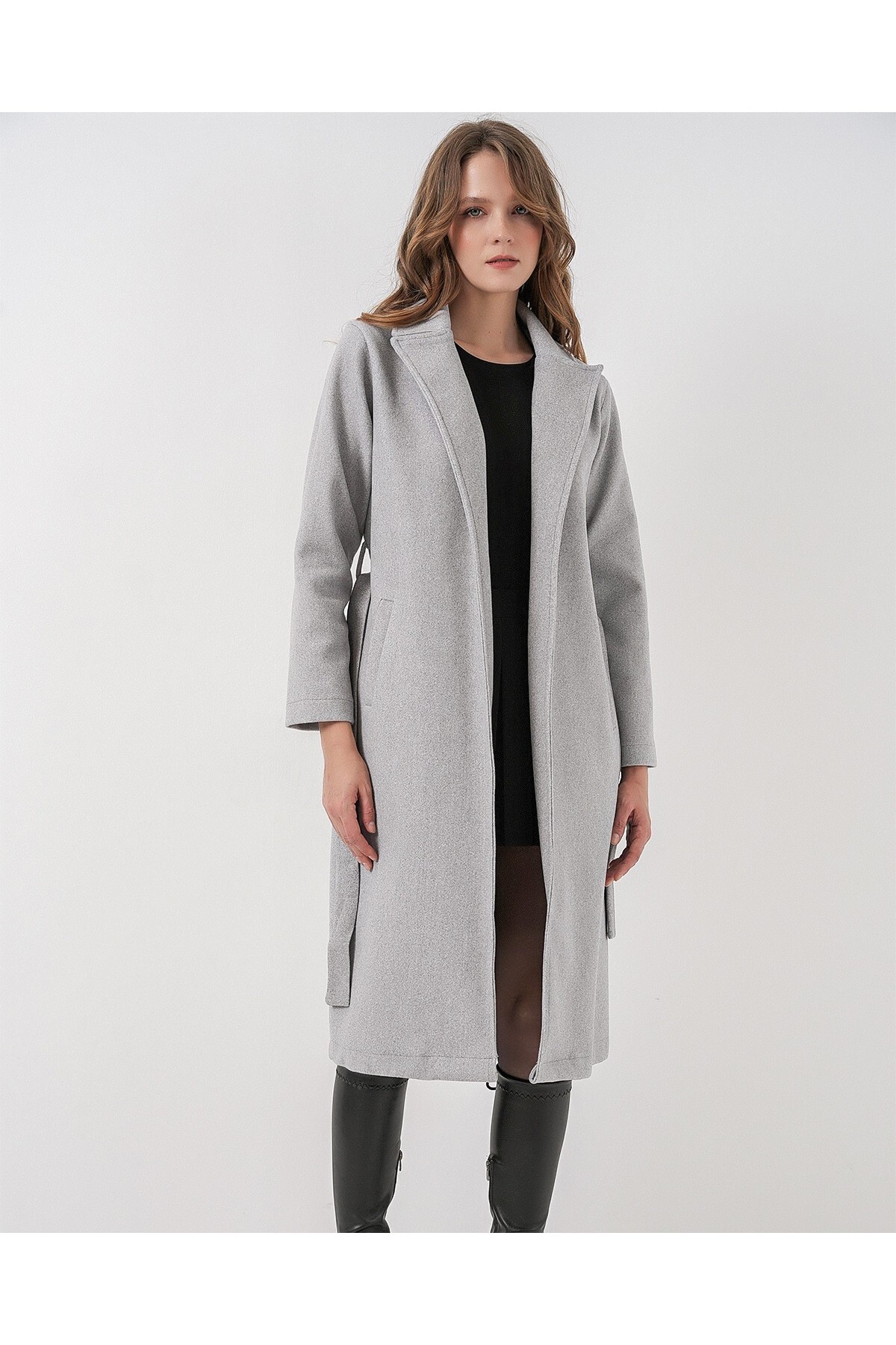 9118 Kruvaze Yaka Kaşe Kaban - A.Gri