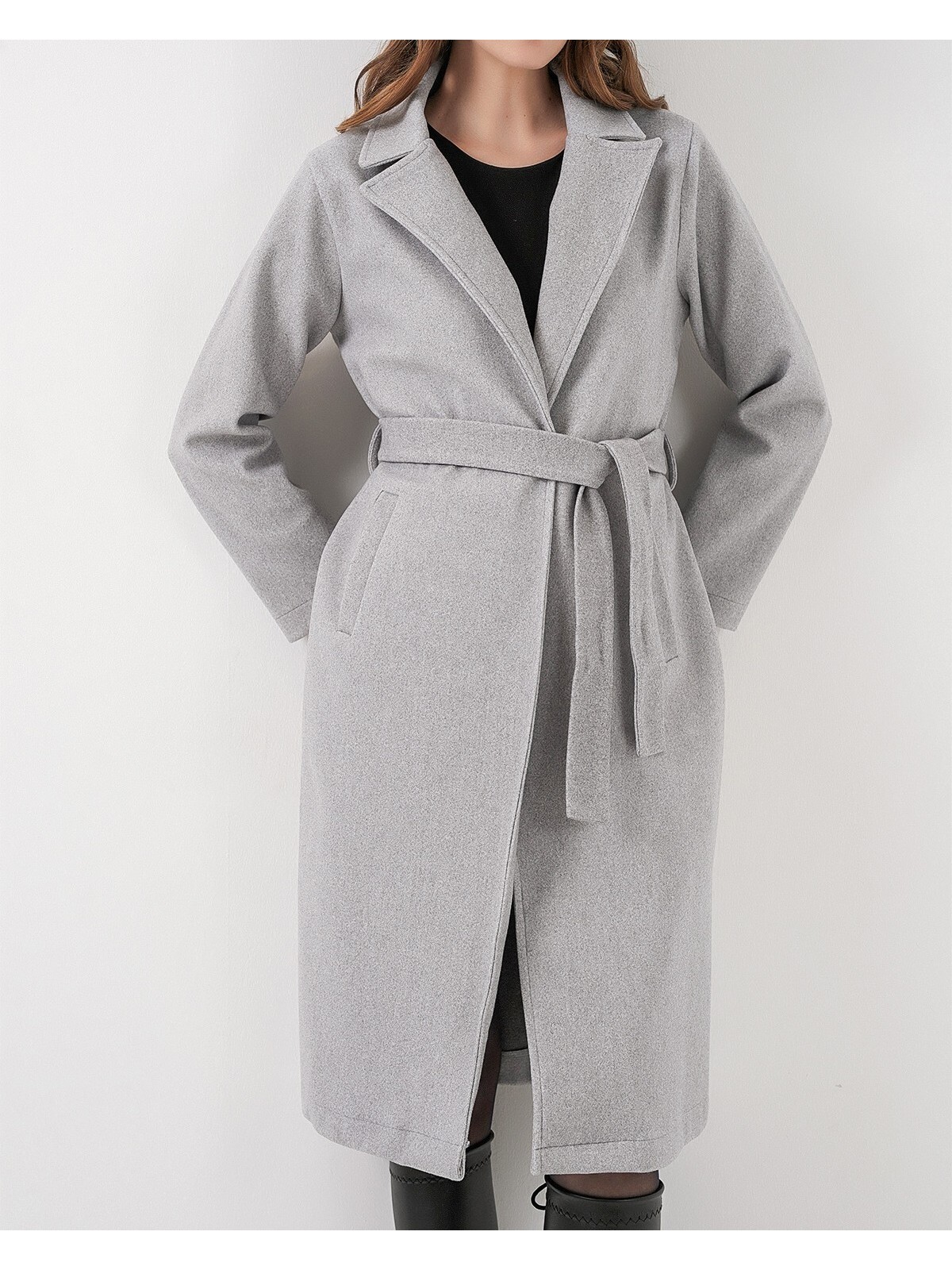 9118 Kruvaze Yaka Kaşe Kaban - A.Gri