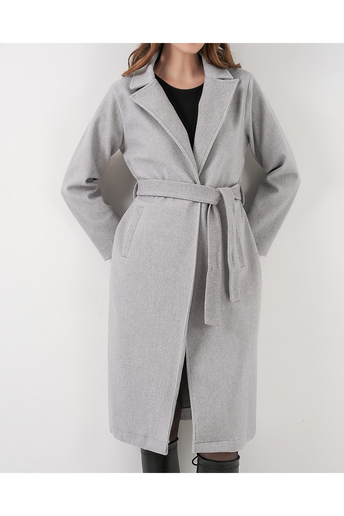 9118 Kruvaze Yaka Kaşe Kaban - A.Gri