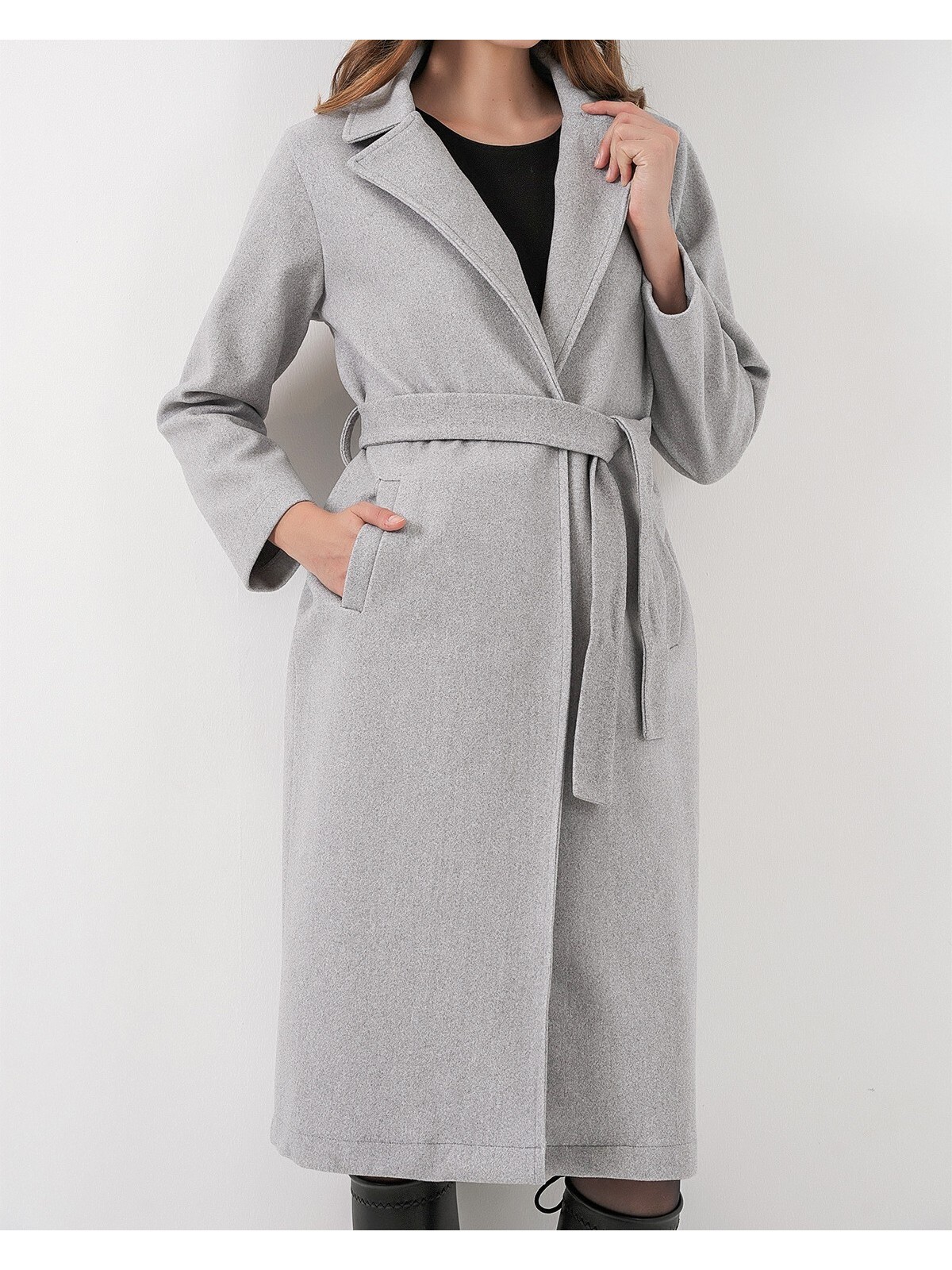 9118 Kruvaze Yaka Kaşe Kaban - A.Gri