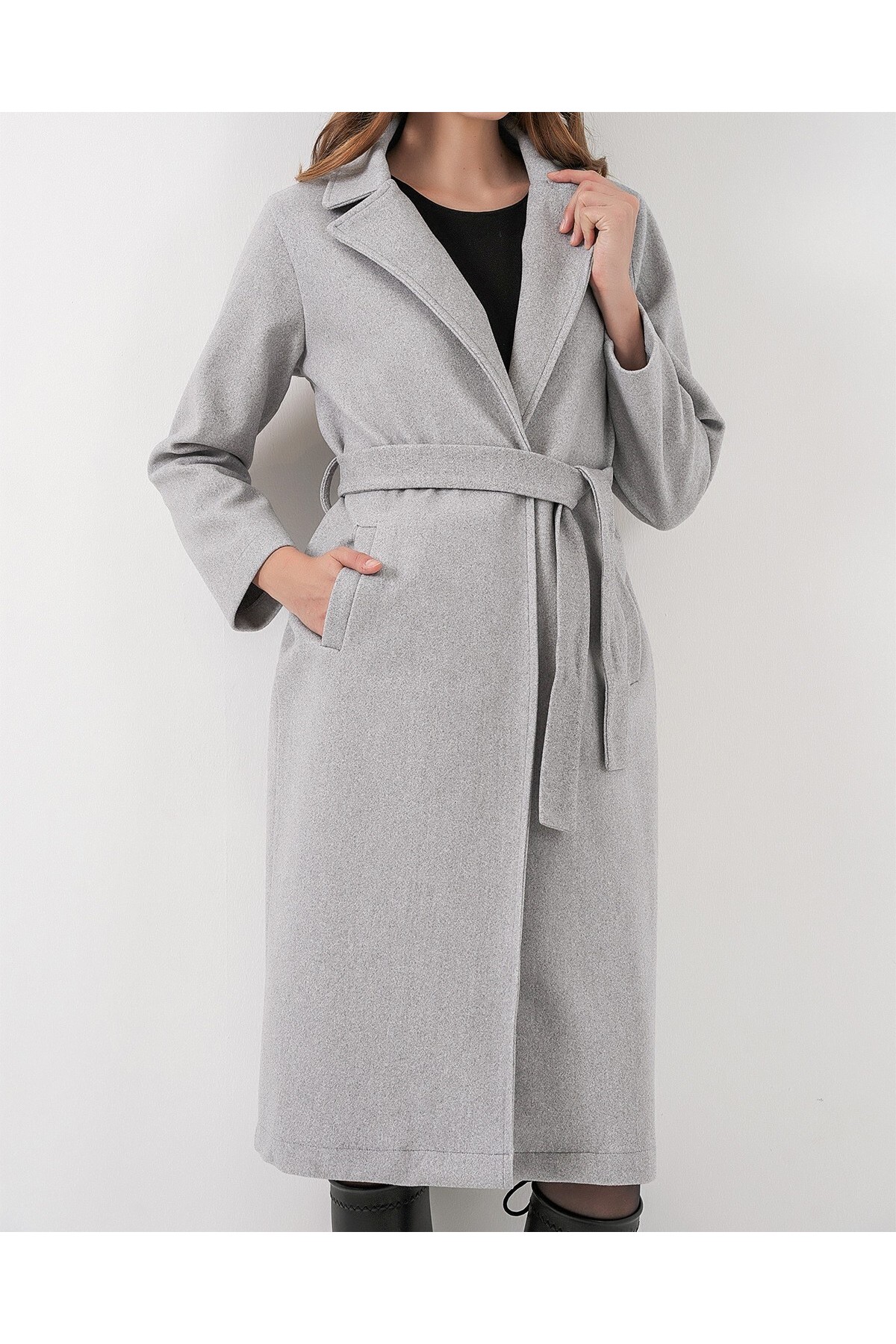 9118 Kruvaze Yaka Kaşe Kaban - A.Gri