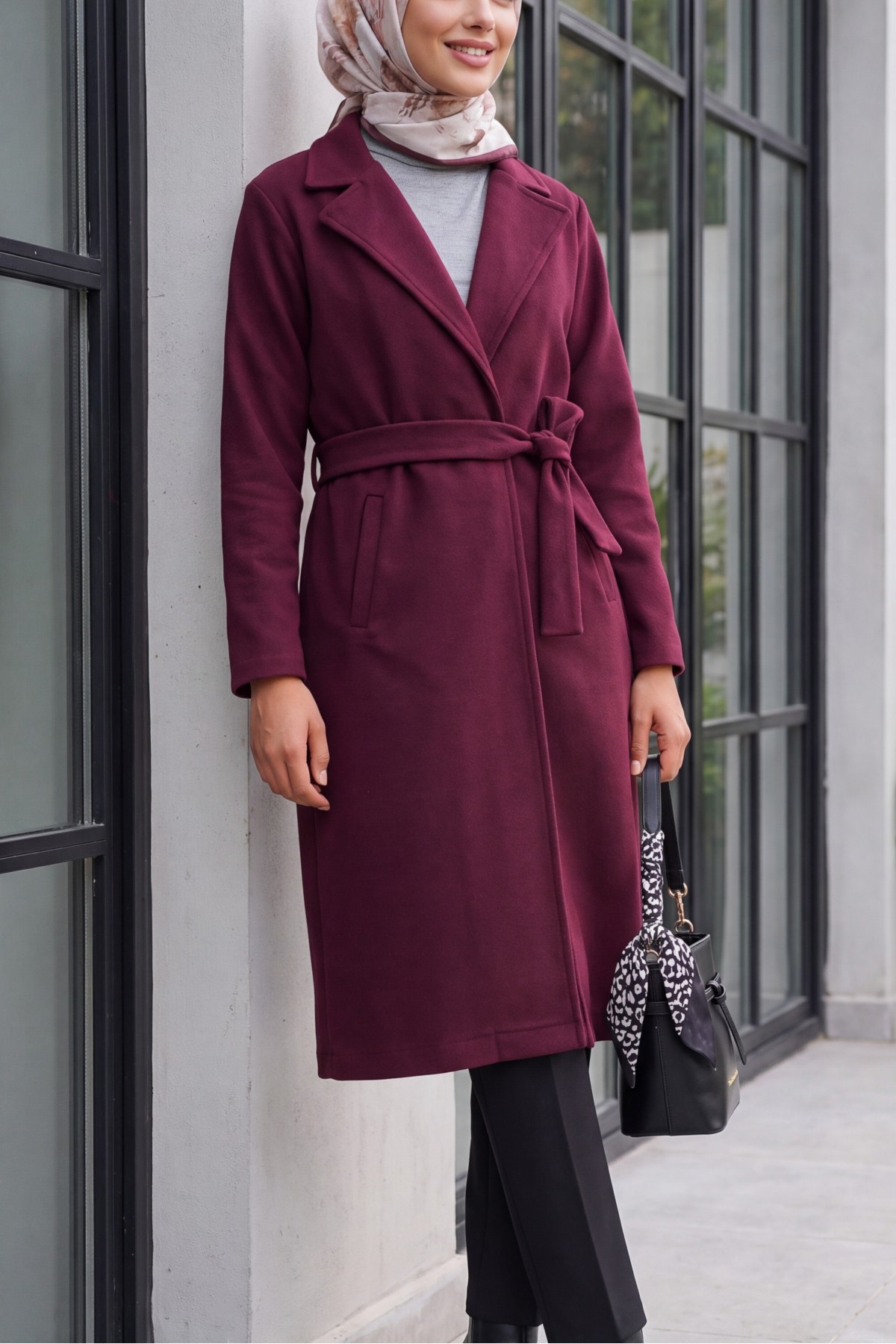 9118 Kruvaze Yaka Kaşe Kaban - Bordo
