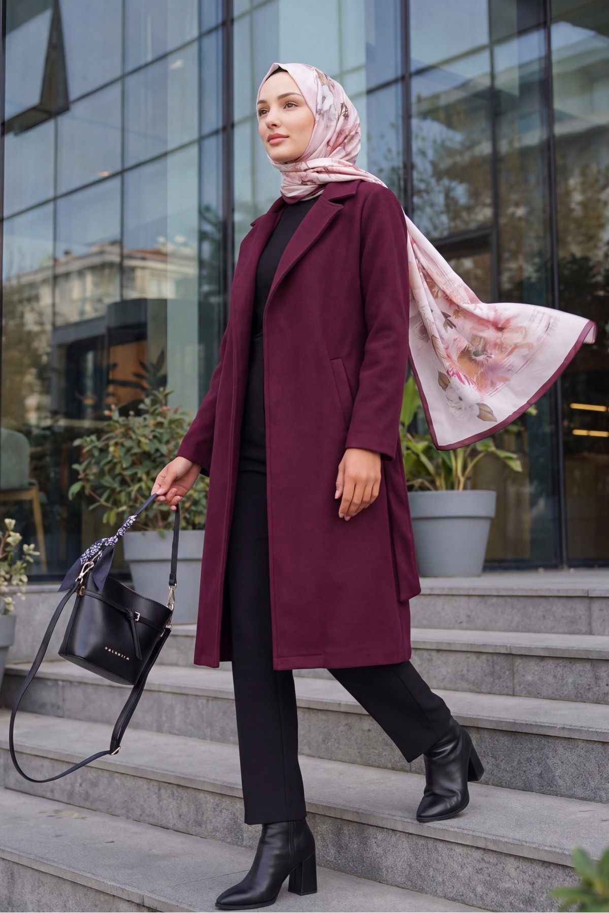 9118 Kruvaze Yaka Kaşe Kaban - Bordo