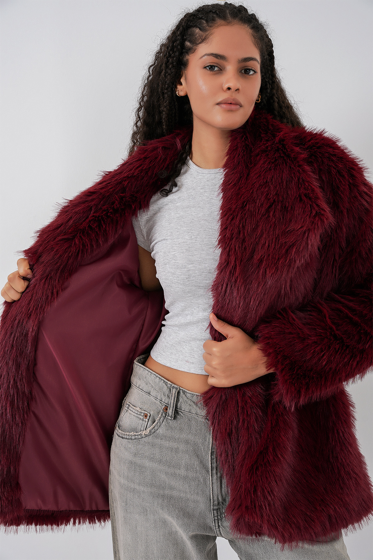 Kadın Kemerli Oversize Kürklü Kaban 9156 - Bordo