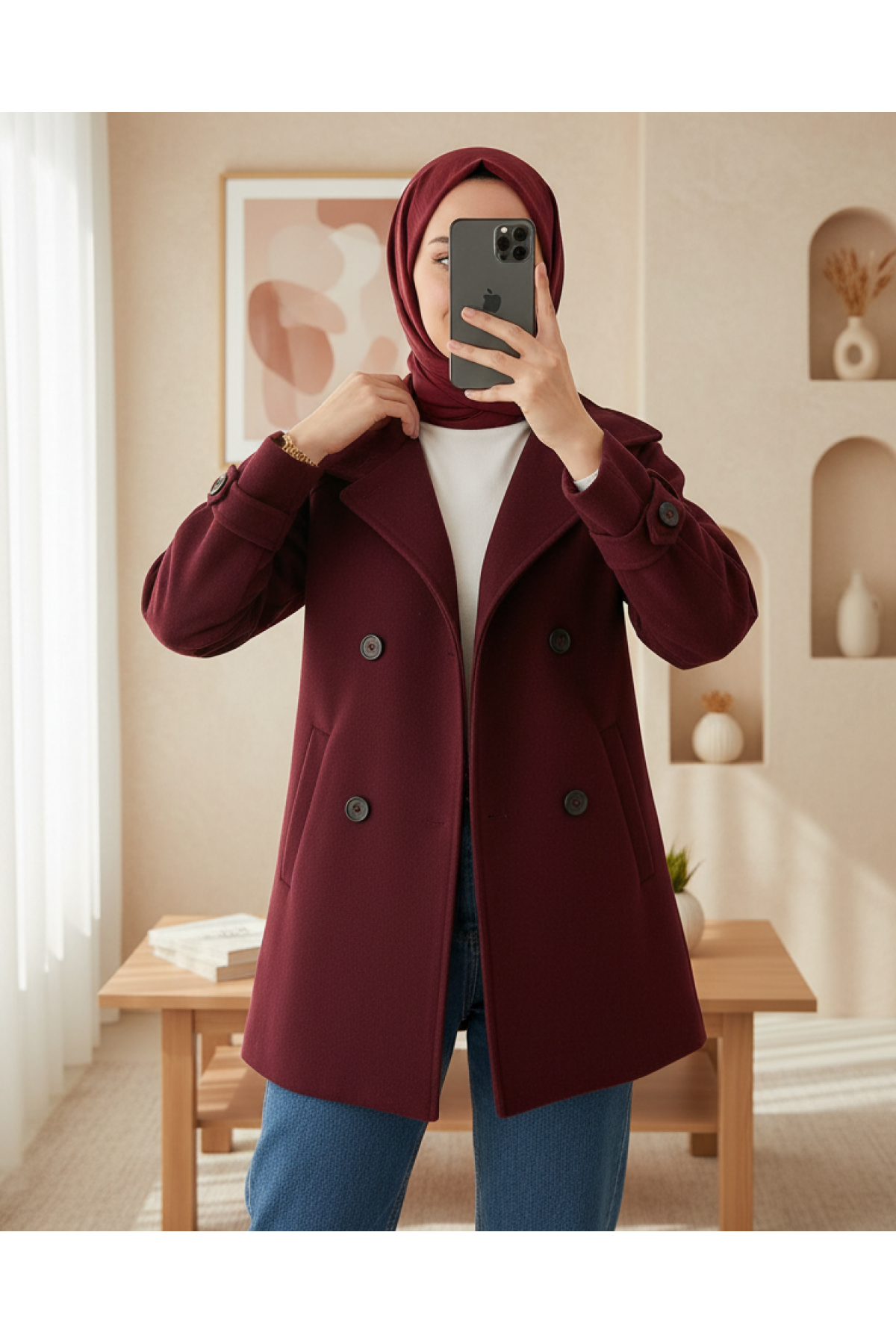Kadın Kuşaklı Kaşe Kaban 9162 - Bordo