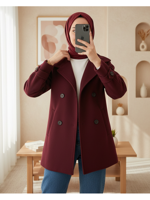 Kadın Kuşaklı Kaşe Kaban 9162 - Bordo