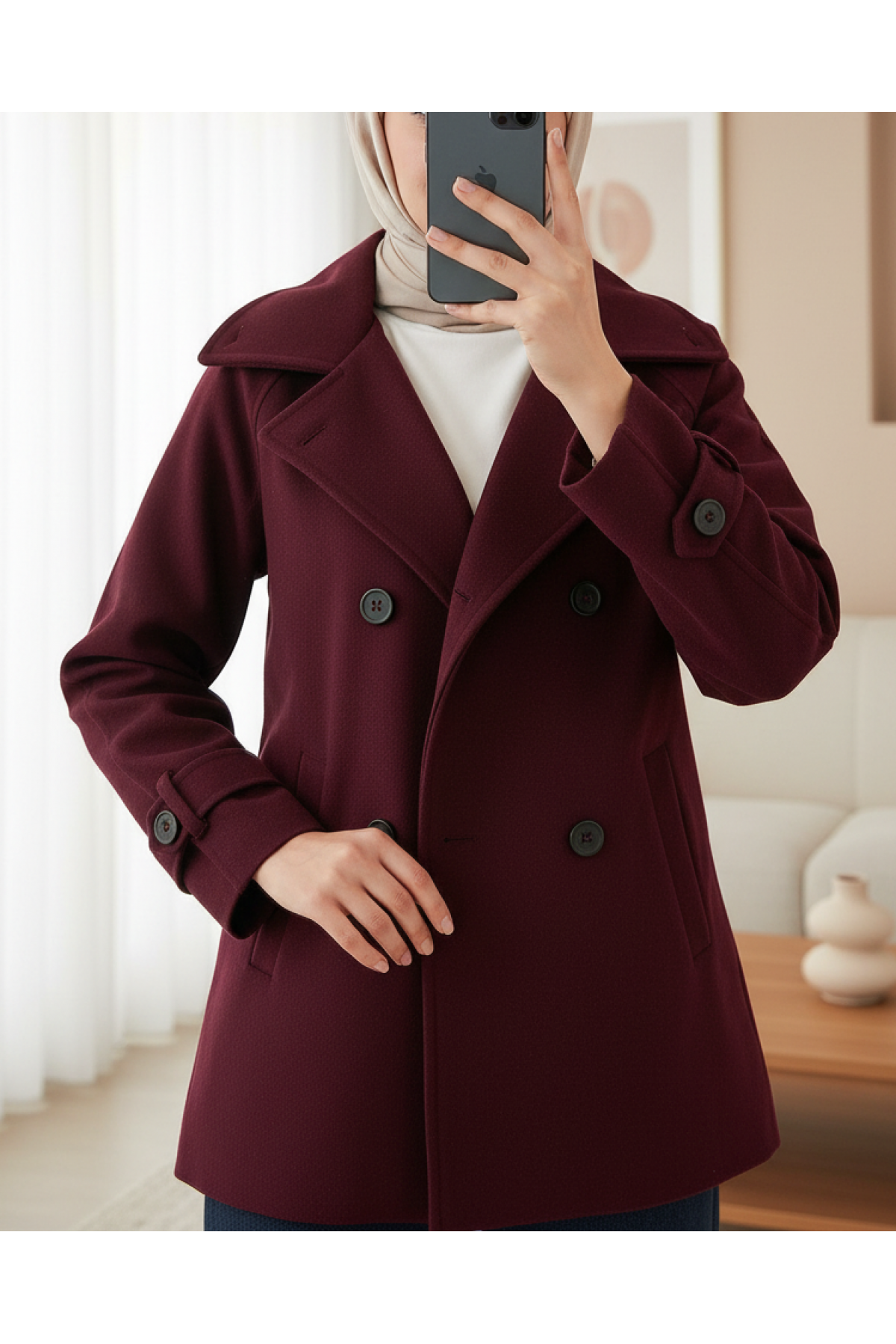 Kadın Kuşaklı Kaşe Kaban 9162 - Bordo